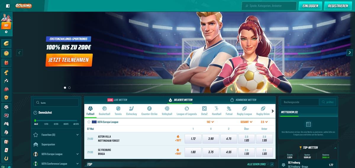 Golisimo Startseite mit Banner, das einen 100 %-Sportbonus bis zu 200 € auf die erste Einzahlung bewirbt. Stadiondesign mit Fußballspielern im Vordergrund. Navigation umfasst Fußball, Basketball, Tennis, Eishockey und Esports. Wettbereich zeigt Quoten für UEFA Europa League Spiele wie Aston Villa vs. Nottingham Forest und SC Freiburg vs. Braga.