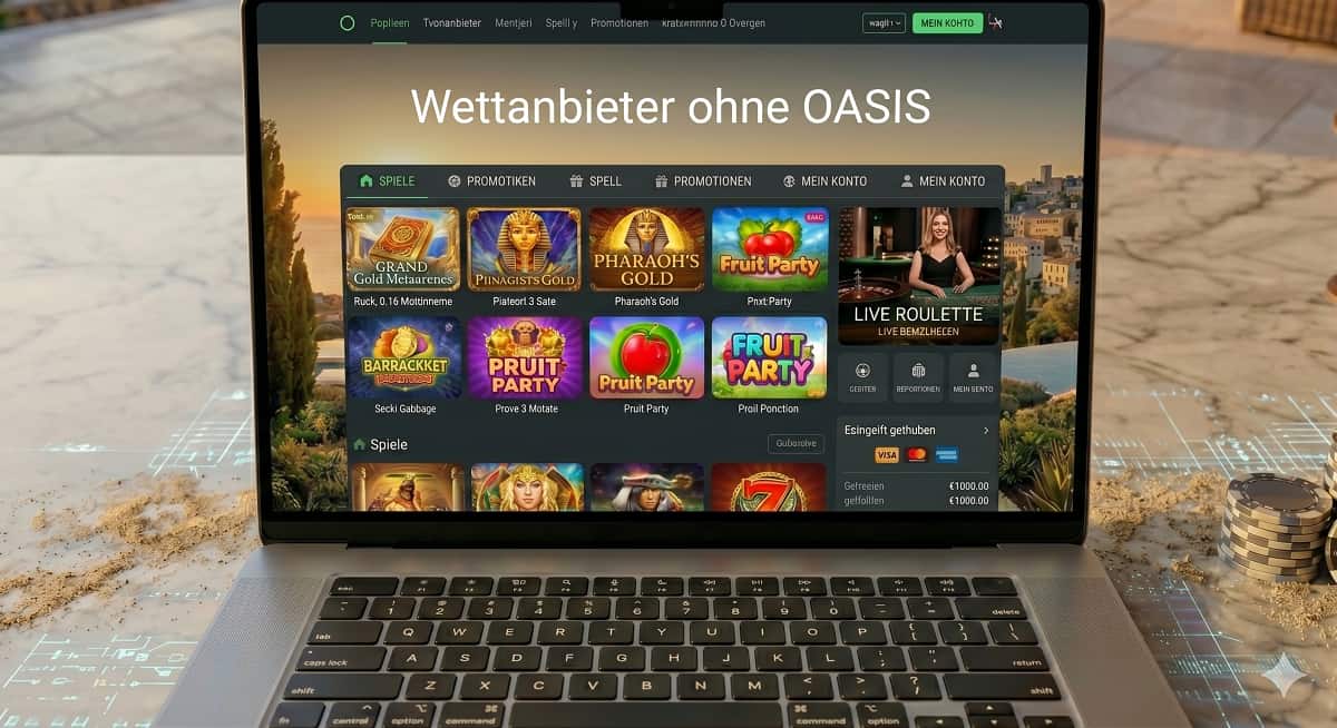 Ein offener Laptop auf einer mit Spielchips und feinem Sand bestreuten Marmoroberfläche zeigt ein Online-Casino-Interface mit der Aufschrift „Wettanbieter ohne OASIS“, das verschiedene Slot- und Roulette-Spiele vor einem mediterranen Hintergrund darstellt.